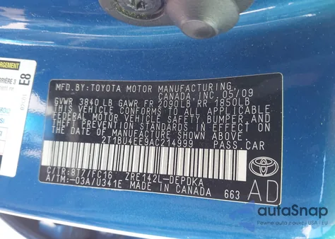 2010 Toyota Corolla Le from USA, damaged, VIN 2T1BU4EE9AC214999